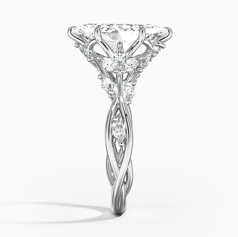Verlobungsring aus 10-karätigem Weißgold mit 1 bis 3 Karat im Marquise-Schliff geschliffenem, im Labor gezüchtetem Diamanten und individuellem Blättermotiv, inspiriert von der Natur-4