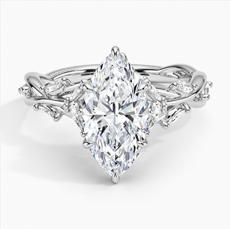 Verlobungsring aus 10-karätigem Weißgold mit 1 bis 3 Karat im Marquise-Schliff geschliffenem, im Labor gezüchtetem Diamanten und individuellem Blättermotiv, inspiriert von der Natur-1
