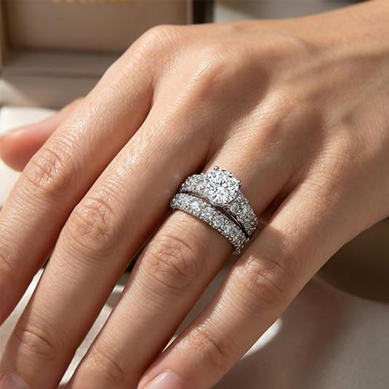 10K de oro blanco, conjunto nupcial con diamante de laboratorio de corte redondo de 1 a 3 CT-2