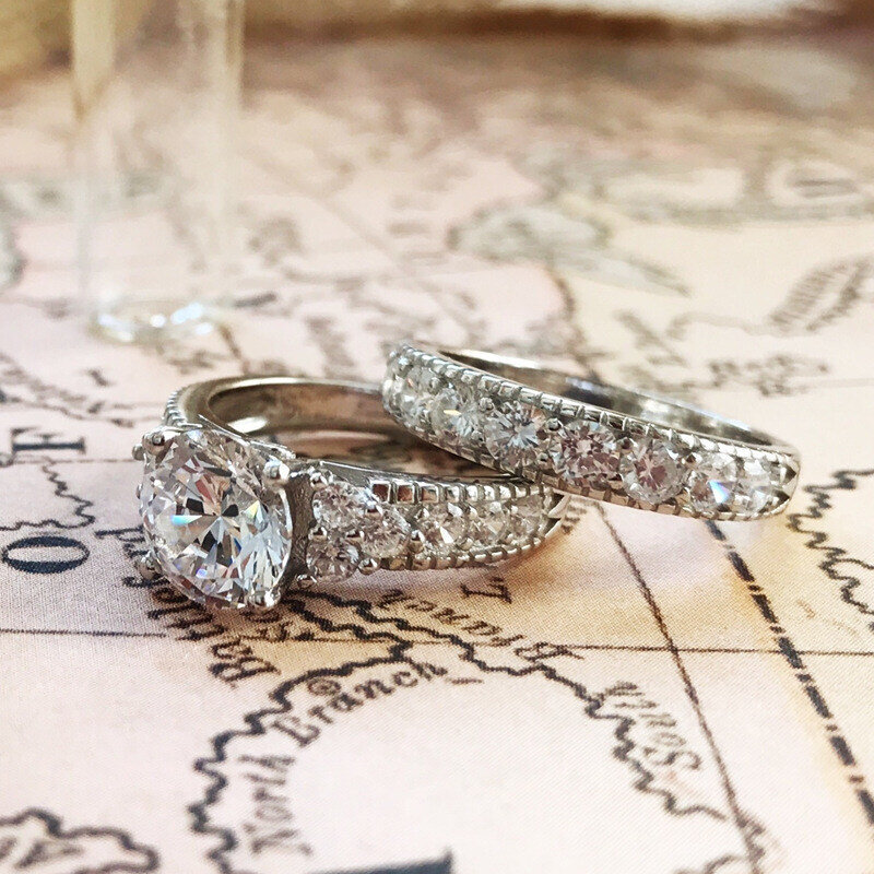 10K de oro blanco, conjunto nupcial con diamante de laboratorio de corte redondo de 1 a 3 CT-3