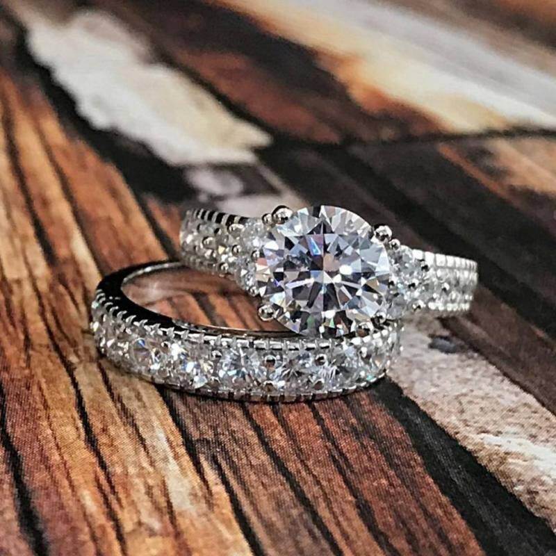 10K de oro blanco, conjunto nupcial con diamante de laboratorio de corte redondo de 1 a 3 CT-4