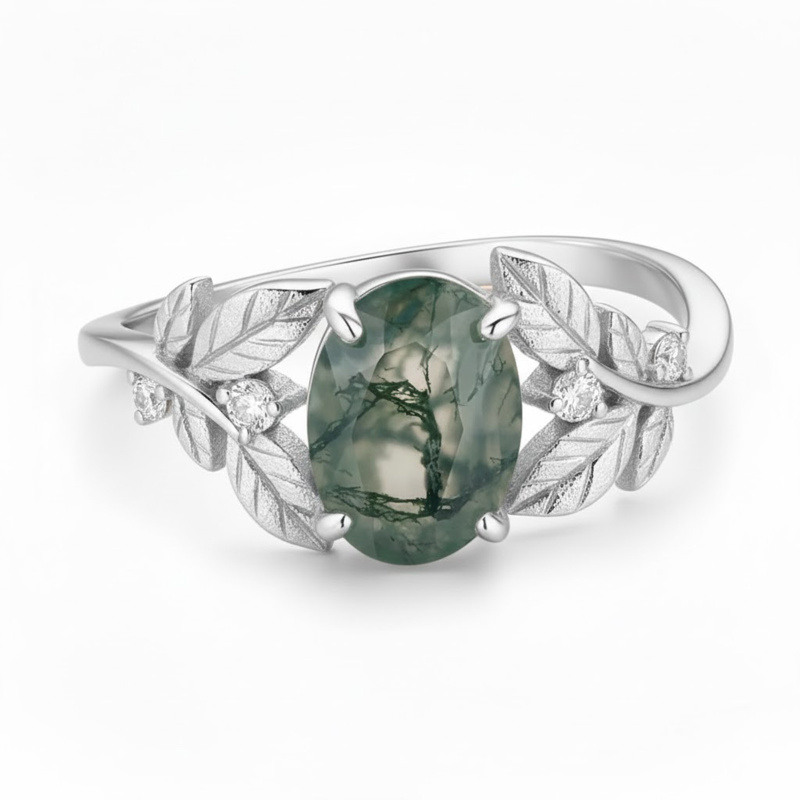 Anillo de compromiso de oro blanco de 18 quilates con ágata musgosa de talla ovalada, inspirado en la naturaleza y las hojas.-1