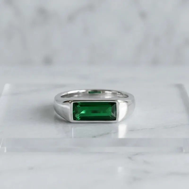 10K White Gold 1 to 6 CT Baguette Cut Artificial Emerald Men's Band for Men-4