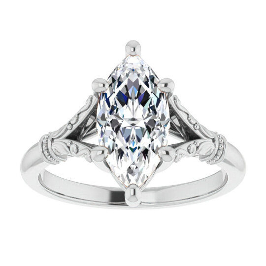 Anillo de compromiso solitario de oro blanco de 10 quilates con moissanita talla marquesa