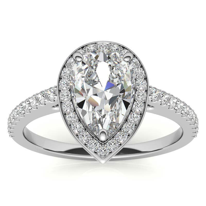 Anillo de compromiso de oro blanco de 10 quilates con halo de moissanita talla pera-20