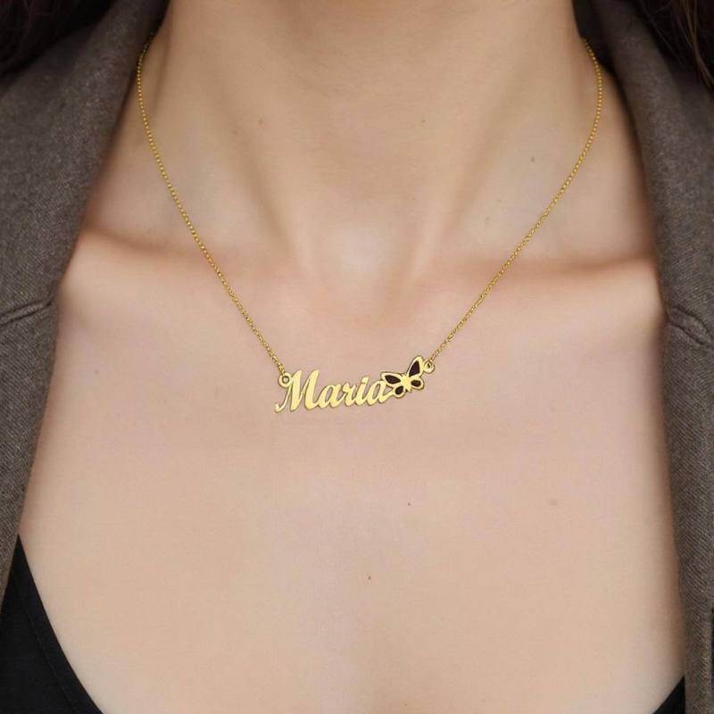 Collier papillon personnalisé en or 10 carats avec nom pour femme-2