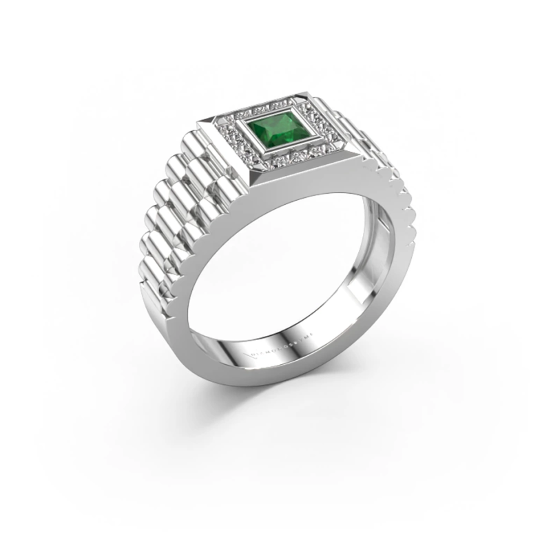 Alianza de boda para hombre en oro blanco de 10 quilates con esmeralda de talla princesa y 0,2 quilates de peso total de diamantes.-7