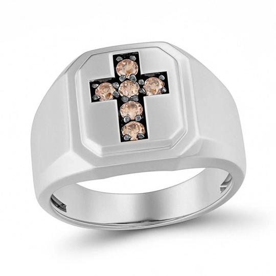 10K White Gold Round Cut Diamond Cross Signet Ring for Men Champagne & M Color I2 Clarity 3EX IGI Certified