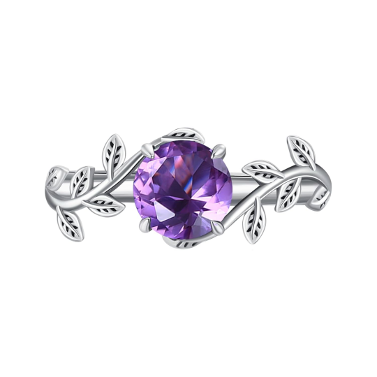 Bague de fiançailles personnalisée en or blanc 10 carats avec pierre précieuse ronde taillée en lierre