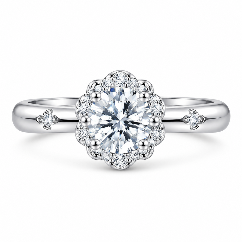 Bague de fiançailles en or blanc 10 carats avec halo de moissanite taille ronde-10