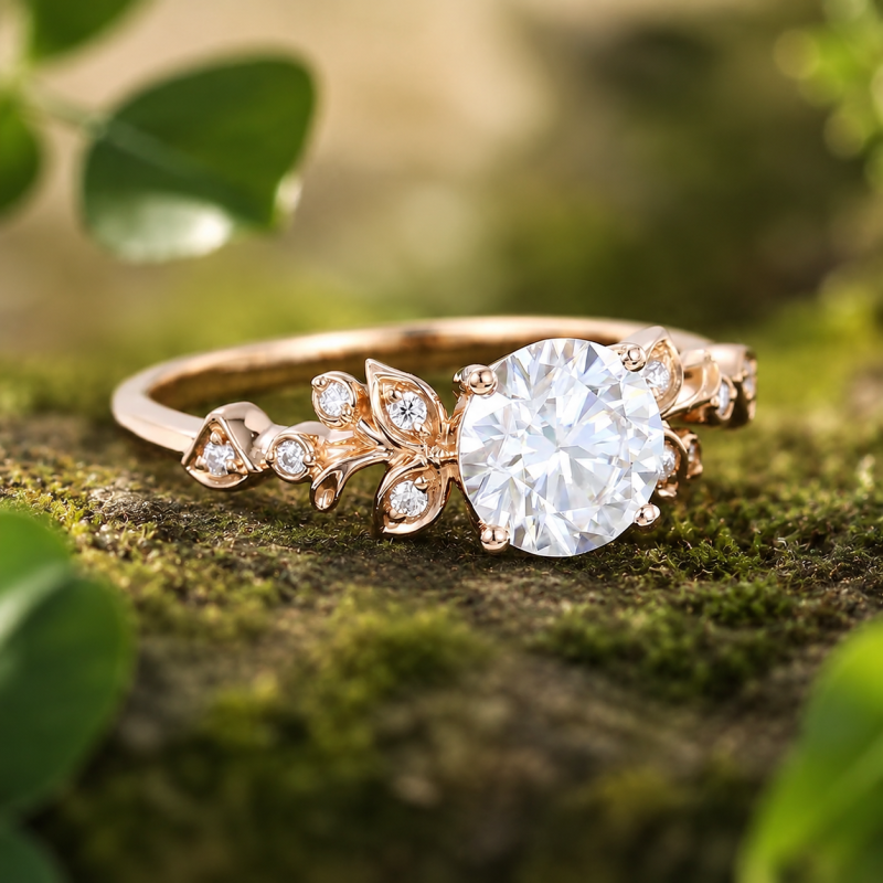 Anel de Noivado em Ouro Rosa 14K com Moissanita de Corte Redondo de 1 a 6 Quilates, Inspirado na Natureza e no Estilo Hera-3