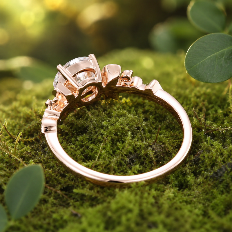 Anel de Noivado em Ouro Rosa 14K com Moissanita de Corte Redondo de 1 a 6 Quilates, Inspirado na Natureza e no Estilo Hera-4