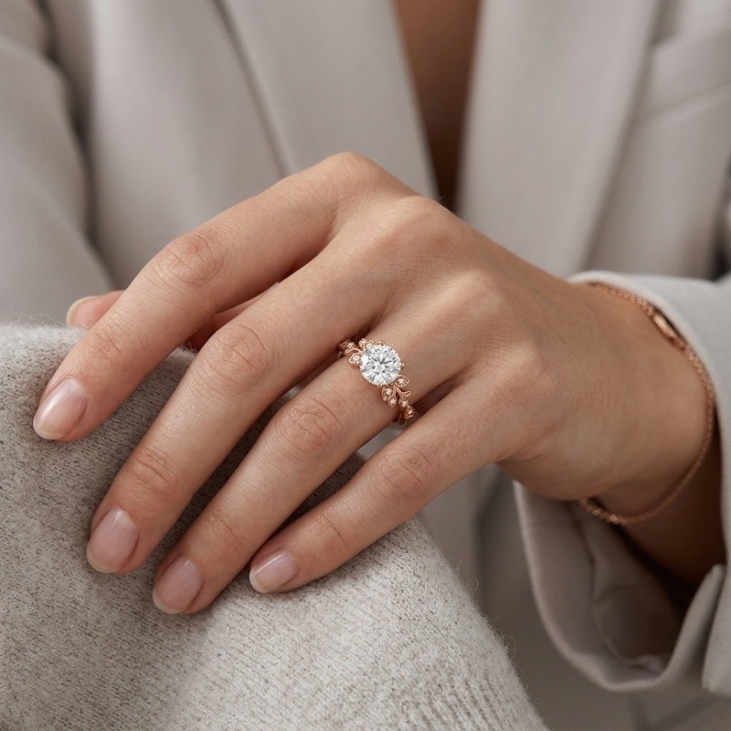 Anel de Noivado em Ouro Rosa 14K com Moissanita de Corte Redondo de 1 a 6 Quilates, Inspirado na Natureza e no Estilo Hera-6