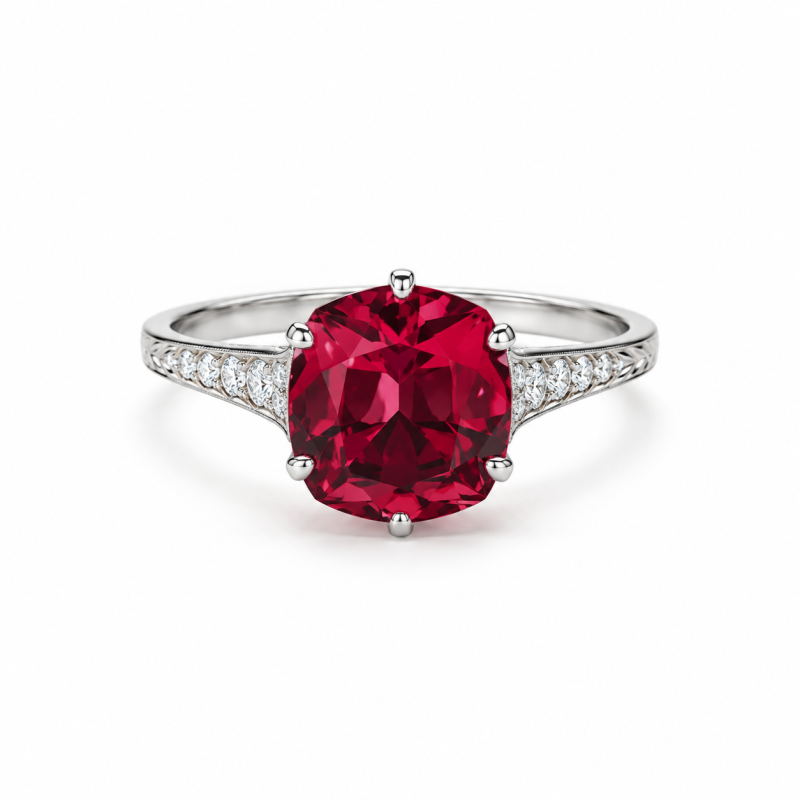 Anillo de compromiso personalizado de oro blanco de 14 quilates con turmalina talla cojín y diamante cultivado en laboratorio.-13
