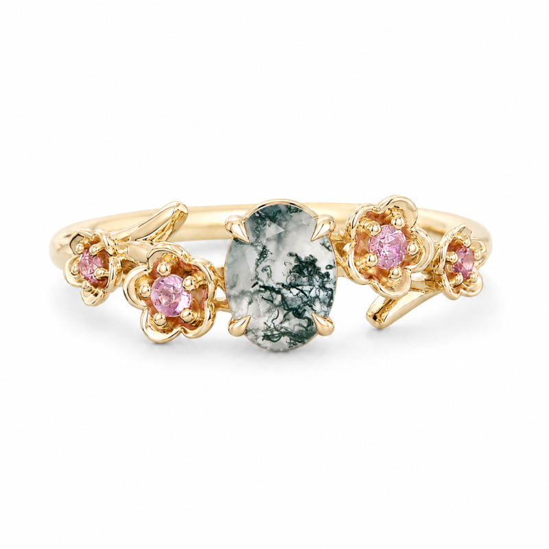 Sterling Silver with Yellow Gold Plated 1 to 6 CT Oval Cut Moss Agate & Crystal Natural Inspired Engagement Ring-20