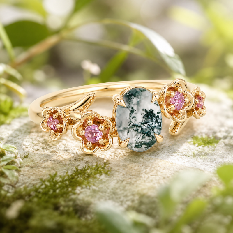 Anel de Noivado Inspirado na Natureza com Pedras Laterais em Ágata Musgosa de Corte Oval de 1 a 6 Quilates em Ouro 14K-3