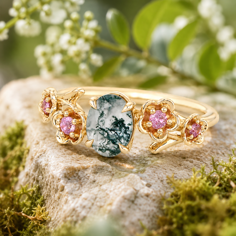 Anel de Noivado Inspirado na Natureza com Pedras Laterais em Ágata Musgosa de Corte Oval de 1 a 6 Quilates em Ouro 14K-4
