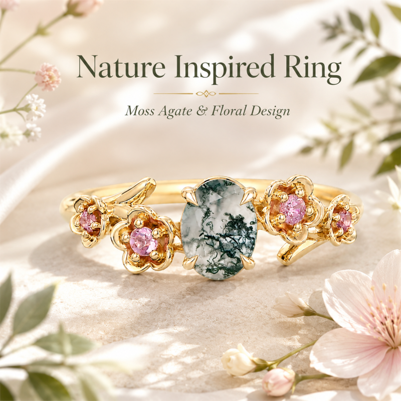 Anel de Noivado Inspirado na Natureza com Pedras Laterais em Ágata Musgosa de Corte Oval de 1 a 6 Quilates em Ouro 14K-5
