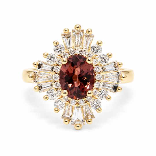 Individuell angefertigter Vintage-Verlobungsring aus 14-karätigem Gold mit ovalem Turmalin, im Labor gezüchteten Diamanten