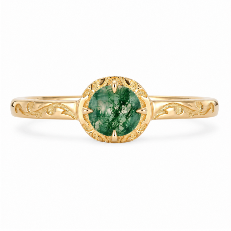 Verlobungsring aus Sterlingsilber mit gelbvergoldeter Oberfläche und ovalem Moosachat (1 bis 6 Karat), inspiriert von der Natur-3