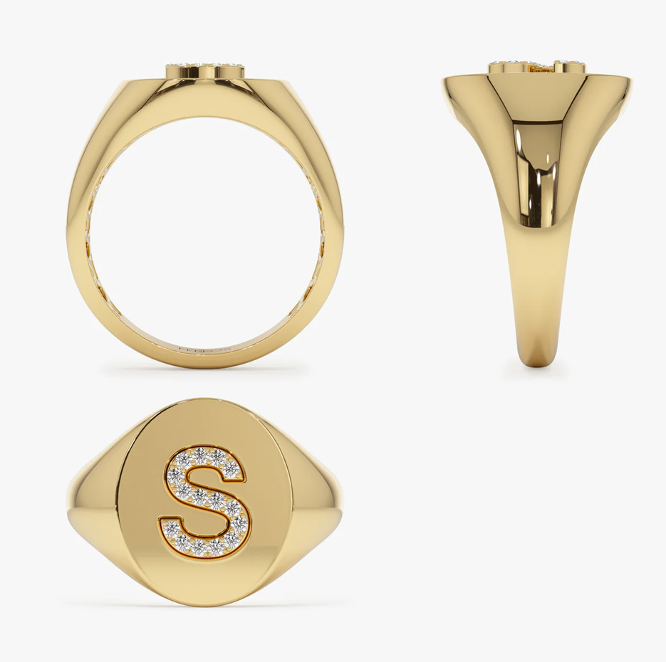 Chevalière en diamant 14 carats 0,1 ct avec lettre-4