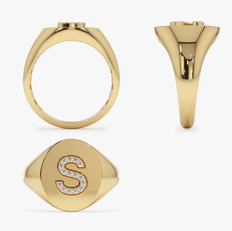 Anel de sinete com letra de diamante 10K 0,1 CT-4