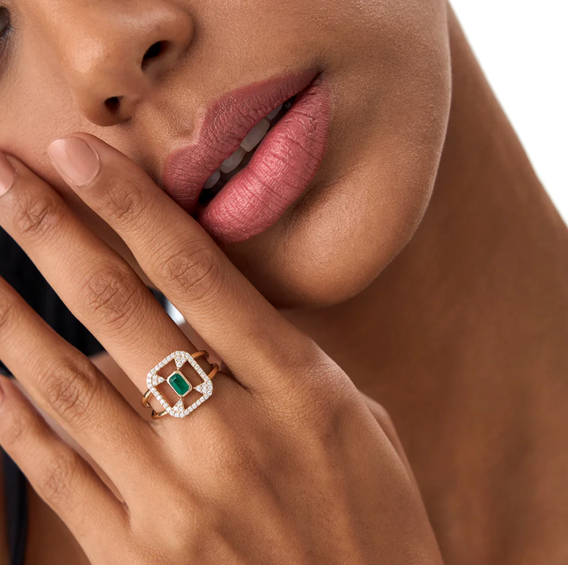 18K Art Deco Design 0.7 CT Emerald & 0.3 CT Diamond Halo Ring-2