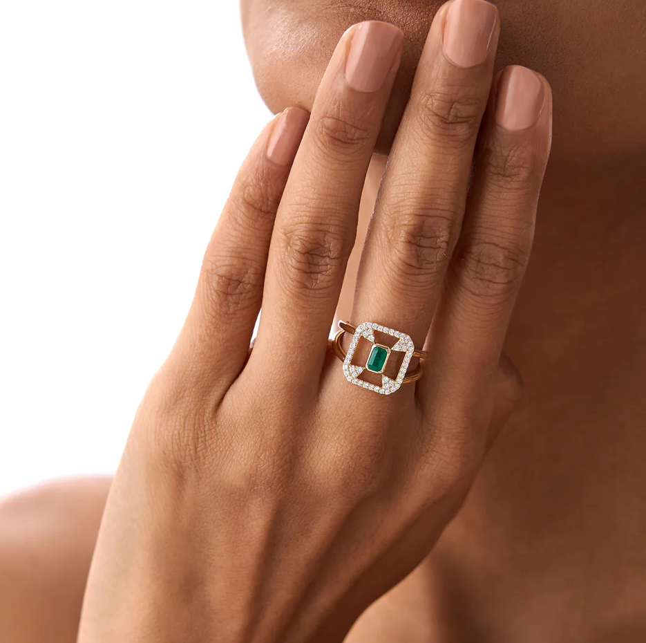 Pierścionek z aureolą z 14-karatowego wzoru Art Deco, 0,7 CT szmaragdu i 0,3 CT diamentów-3