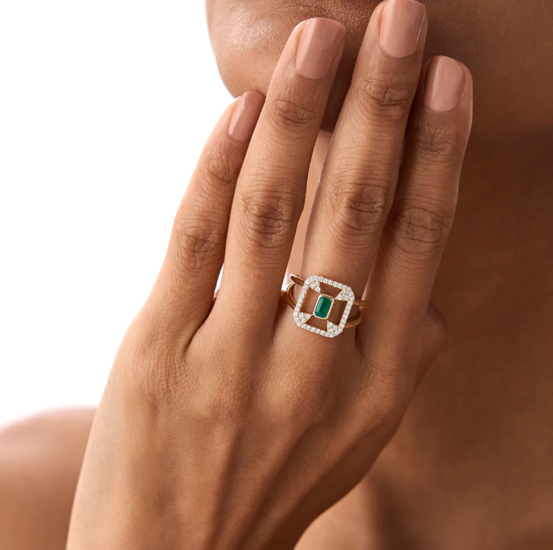 18K Art Deco Design 0.7 CT Emerald & 0.3 CT Diamond Halo Ring-3