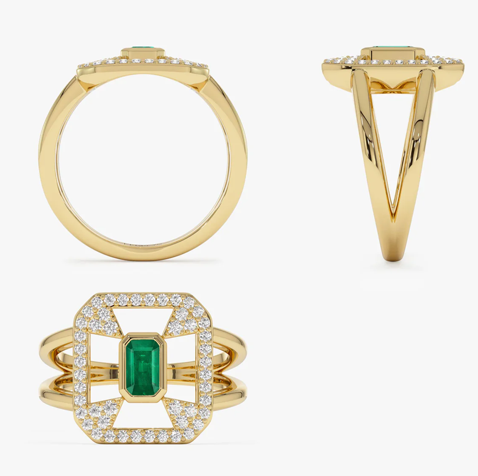 Pierścionek z aureolą z 14-karatowego wzoru Art Deco, 0,7 CT szmaragdu i 0,3 CT diamentów-4