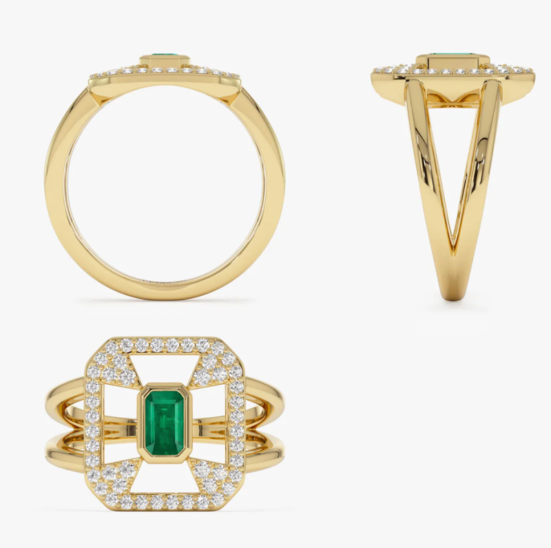 18K Art Deco Design 0.7 CT Emerald & 0.3 CT Diamond Halo Ring-4