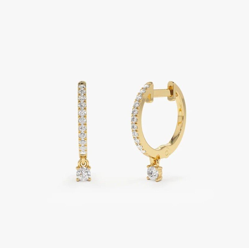 10K Diamond Huggies with a Dangling Round Diamond-7