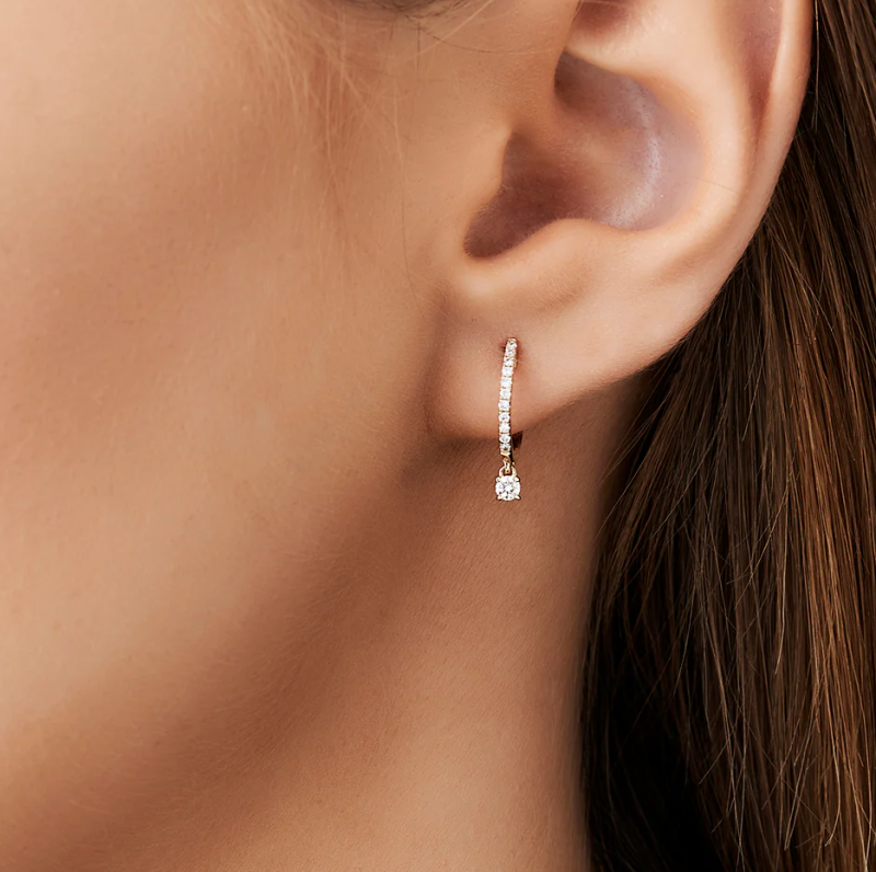 18K Diamond Huggies with a Dangling Round Diamond-2