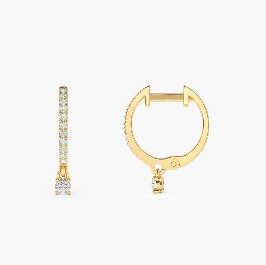 10K Diamond Huggies with a Dangling Round Diamond-4