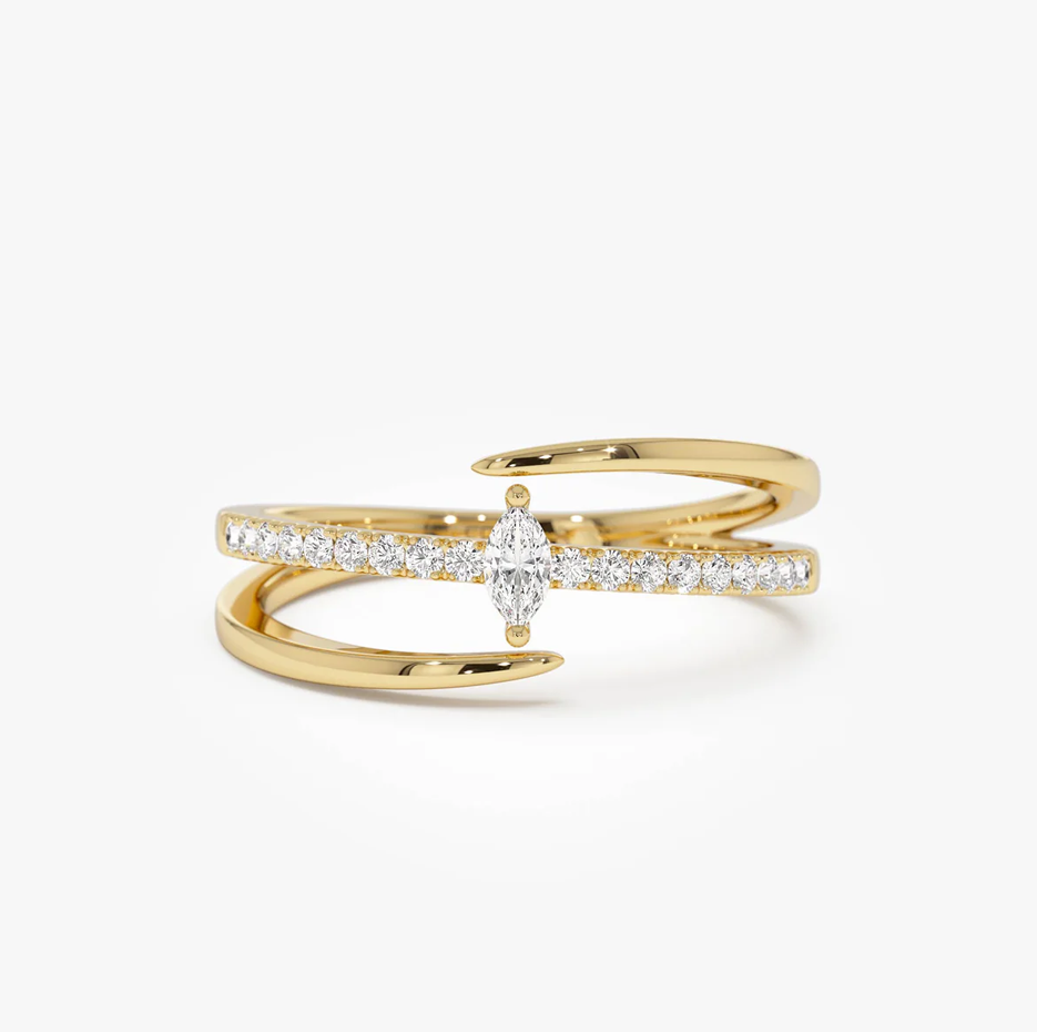 Bague marquise à double bande en diamant 14 carats avec accents pavés-1