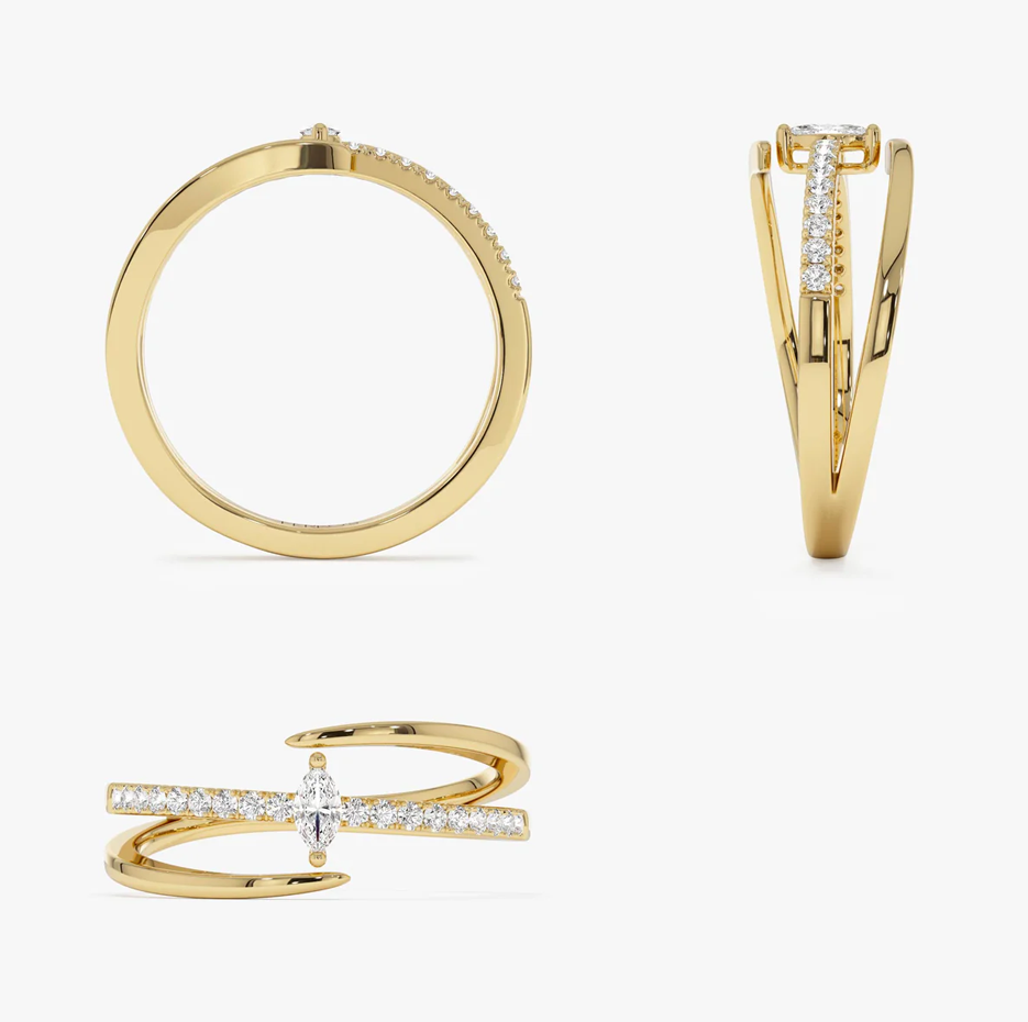 Bague marquise à double bande en diamant 14 carats avec accents pavés-4