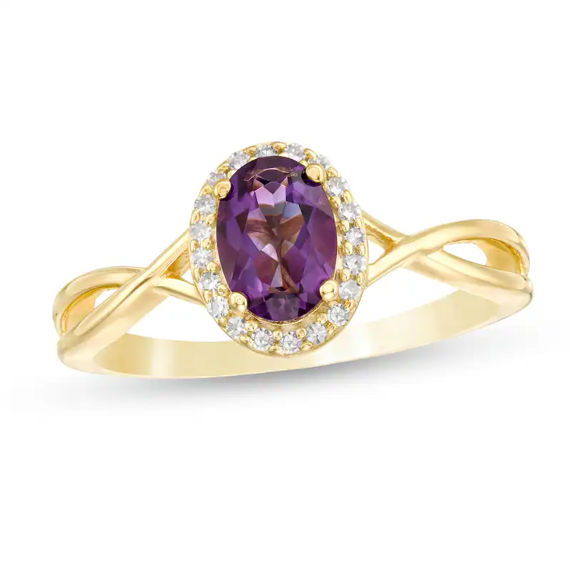 14K Gold 7.0 x 5.0mm Oval Amethyst & 1/15 CT. T.W. Round Lab Created Diamond Frame Twist Shank Band D-VVS1 IGI Certified-1