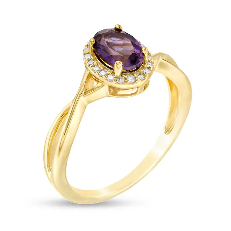 14K Gold 7.0 x 5.0mm Oval Amethyst & 1/15 CT. T.W. Round Lab Created Diamond Frame Twist Shank Band D-VVS1 IGI Certified-3