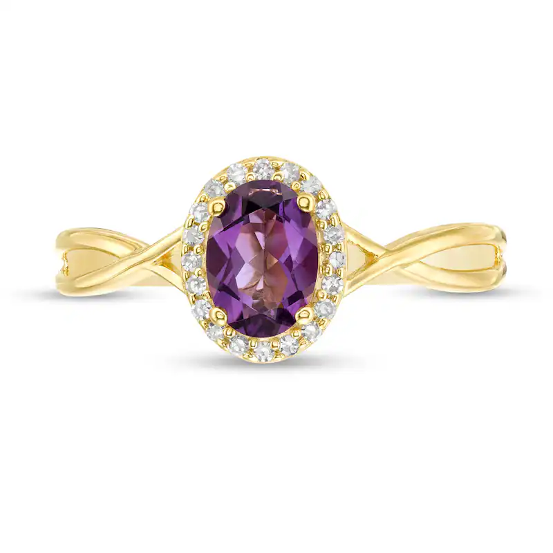 14K Gold 7.0 x 5.0mm Oval Amethyst & 1/15 CT. T.W. Round Lab Created Diamond Frame Twist Shank Band D-VVS1 IGI Certified-4