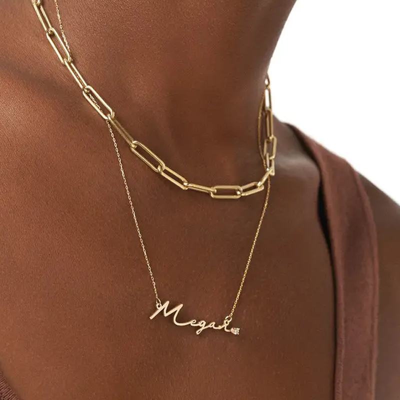 Sterling Silver with Yellow Gold Plated 0.05CT Lab Diamonds Personalized Classic Name Necklace-3