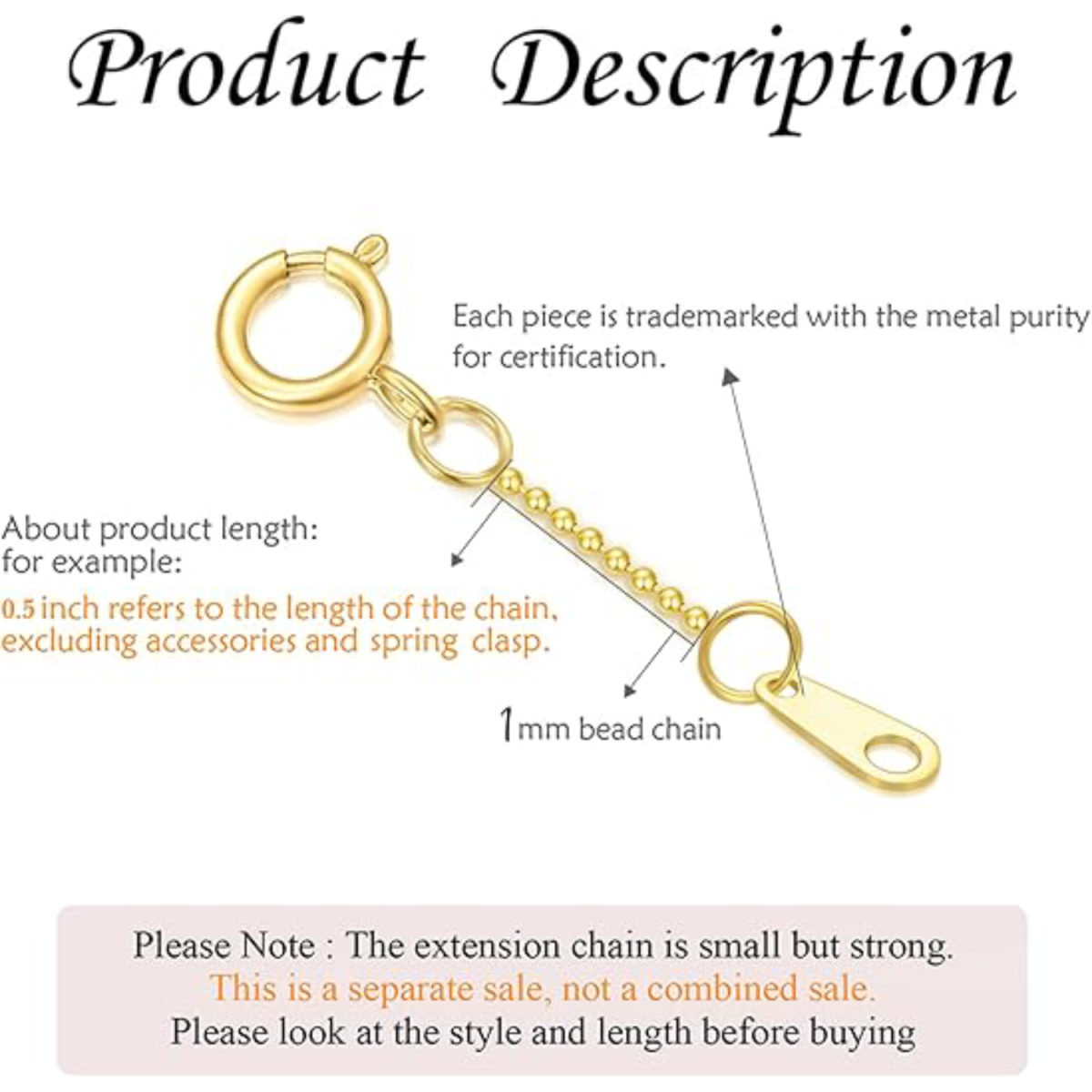 14K Gold 0.5Inch Bead Station Chain With Spring Buckle Extender Chain-3