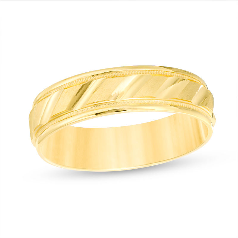 Aliança de casamento personalizada em ouro 14K, 6,0 mm, milgrain escovado, inclinação, conforto, ajuste, para homens-1