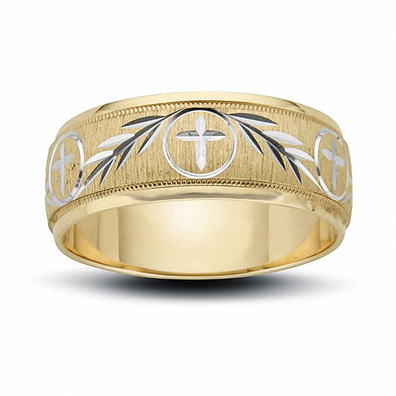 Aliança de casamento personalizada gravada em ouro 18K de 8,0 mm com cruz e hera para homens-1