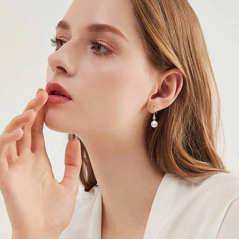 Boucles d'oreilles pendantes en or blanc 10 carats, zircon cubique et perle-2