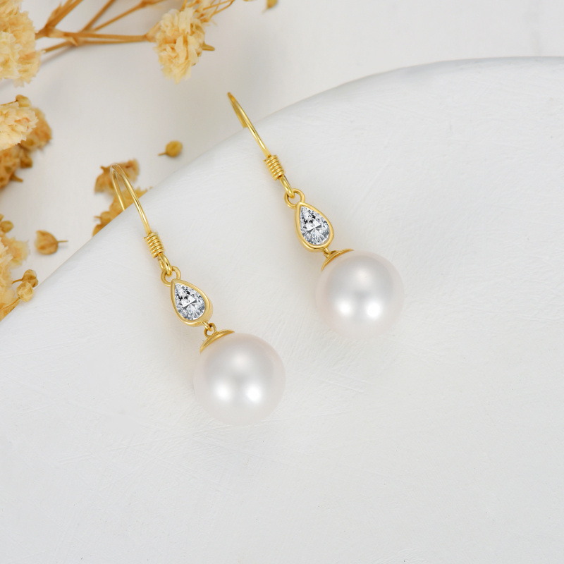 Boucles d'oreilles pendantes en or blanc 10 carats, zircon cubique et perle-5