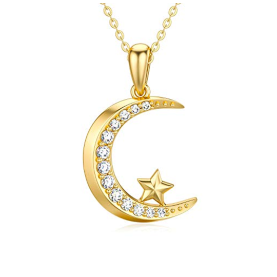 9K Gold 0.18CT Diamond Moon & Star Pendant Necklace