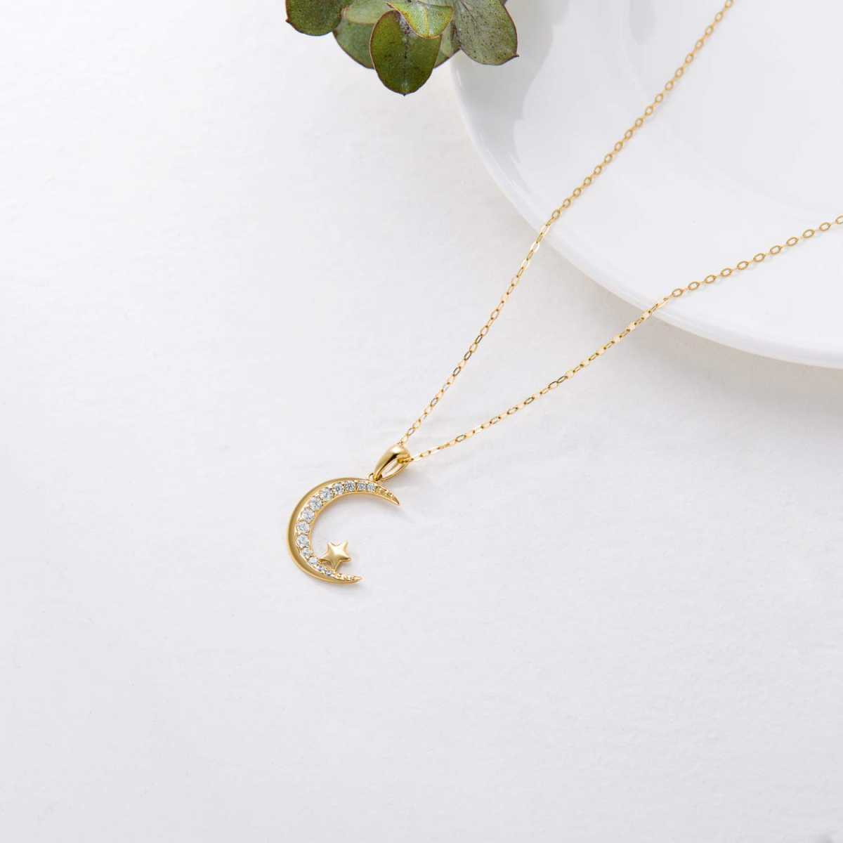 9K Gold 0.18CT Diamond Moon & Star Pendant Necklace-2