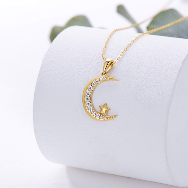 9K Gold 0.18CT Diamond Moon & Star Pendant Necklace-3
