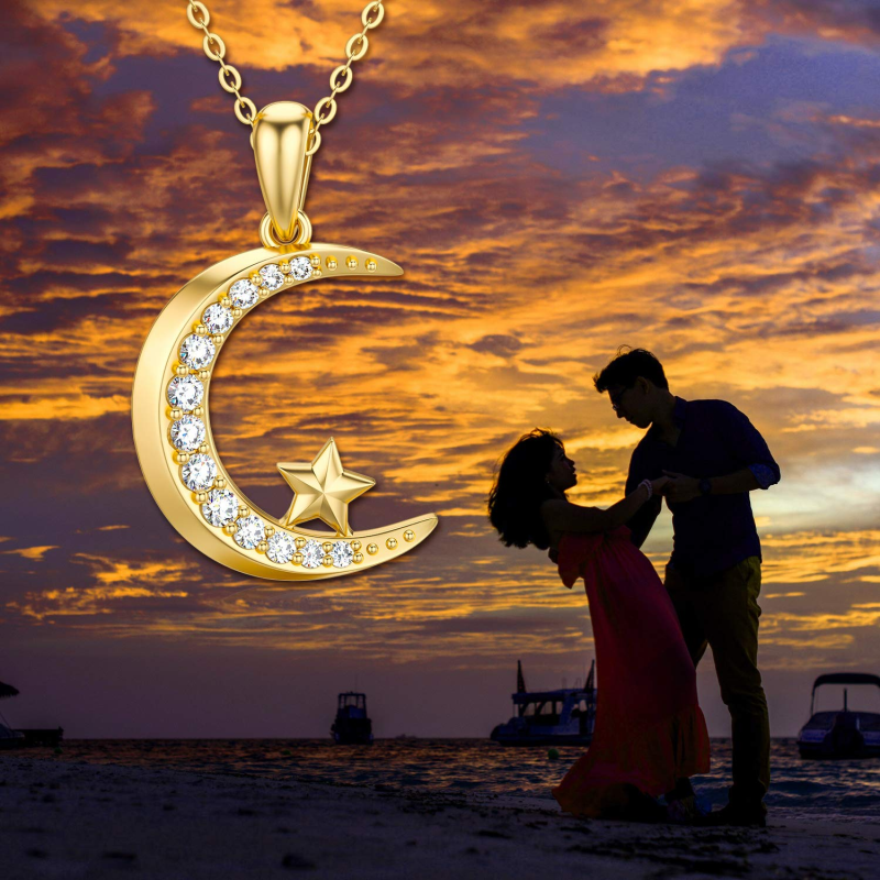9K Gold 0.18CT Diamond Moon & Star Pendant Necklace-6