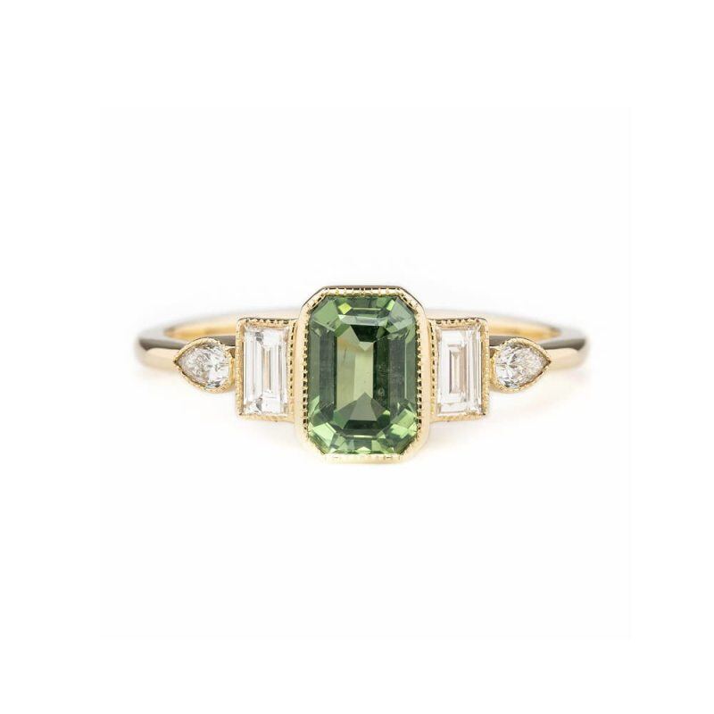 14K Gold 1CT Radiant Cut Emerald Crystal Engagement Ring with Baguette Pear Cut Moissanite-2